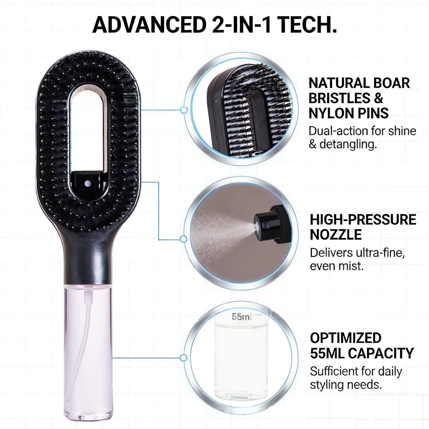 Spray anti frizz hair brush