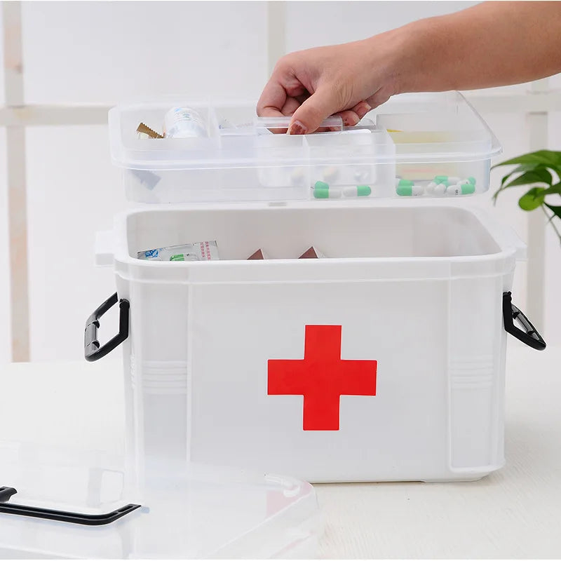 Portable medicine storage box with double-layer first aid organizer