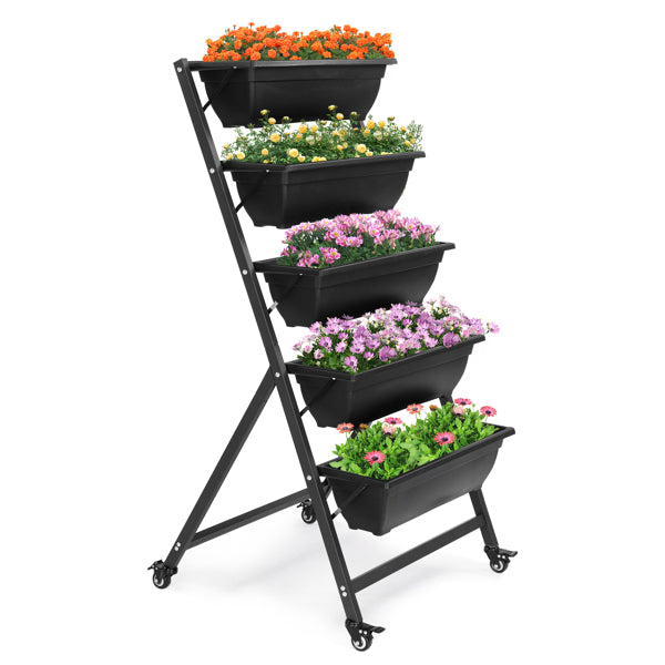 Rolling plant stand with 5 tiers for indoor and outdoor use with wheels