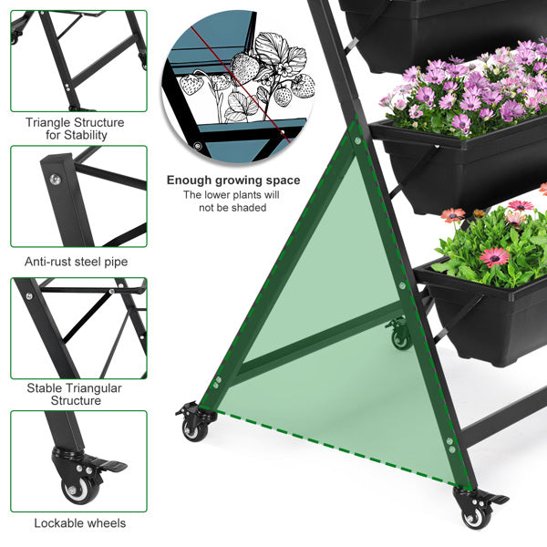 Rolling plant stand with 5 tiers for indoor and outdoor use with wheels