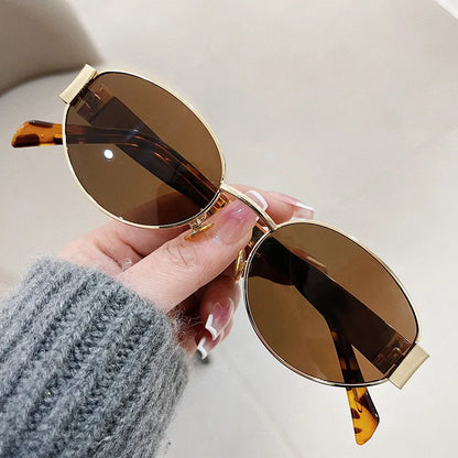 Trendy Oval Sunglasses for Women 2024 Luxury Brand Designer Metal Frame Sun Glasses Ladies Classic Vintage Round Shades Unisex