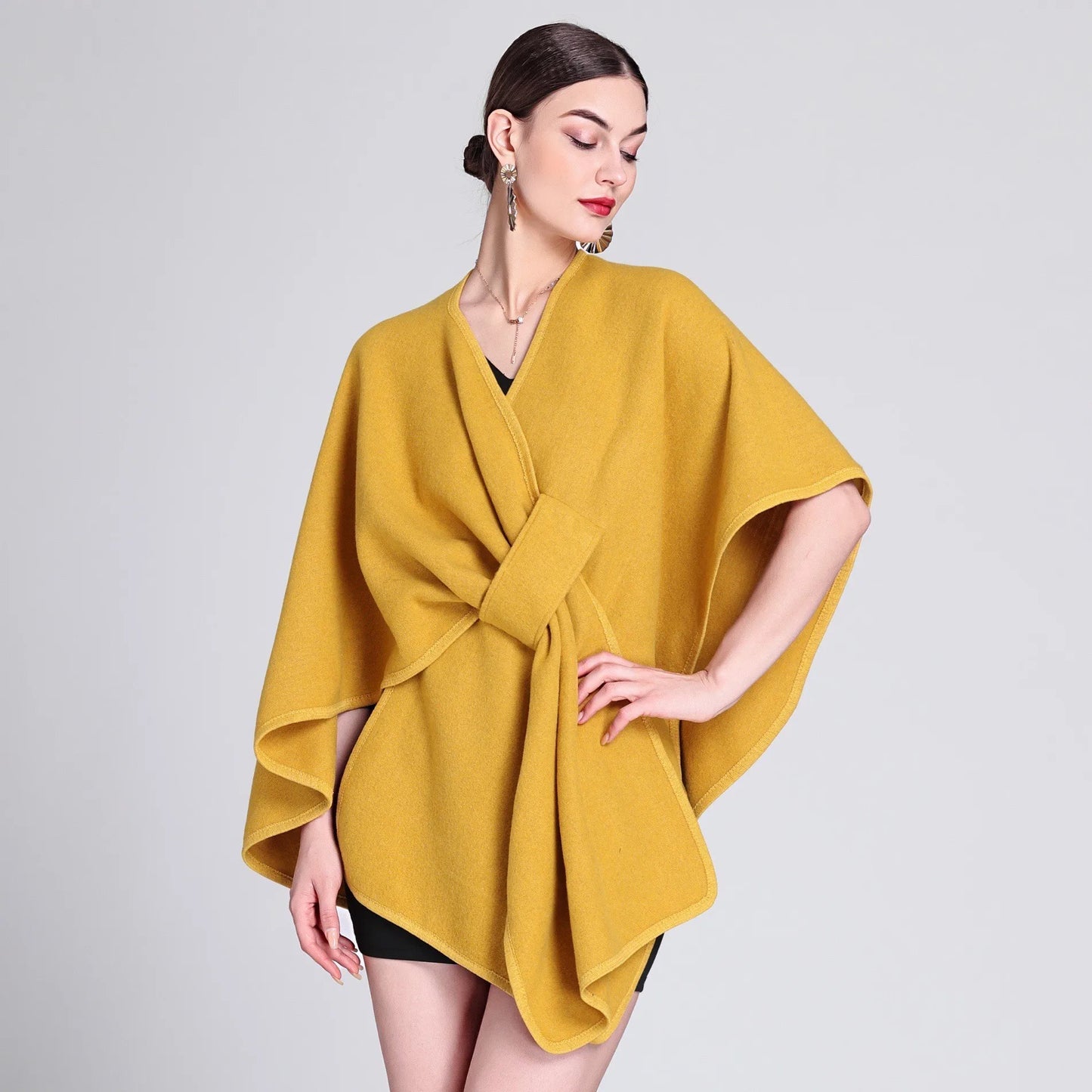 Casual Wool Blend Poncho Coat in Solid Color for Women