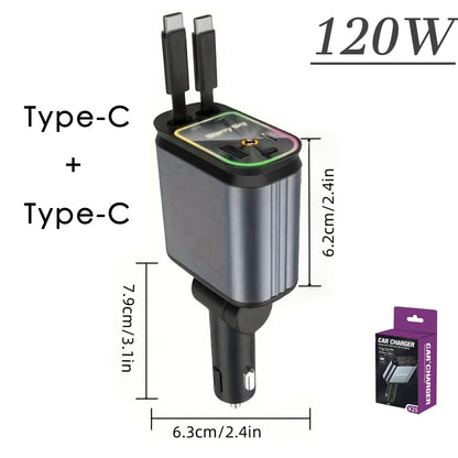 4in1 Retractable Car Charger with USB Roof Star Type-C Cable for iPhone Fast Charging Cigarette Lighter Adapter Starlight Phone