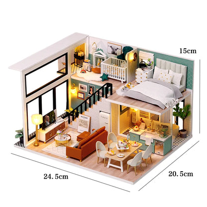 Wooden Miniature Doll House DIY Duplex Apartment Production 3D Puzzle Assembly Building Toy Decoration with Furniture Dollhouse