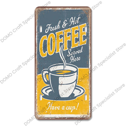 Coffee Licenses Plate Vintage Metal Tin Signs Retro Coffee Time Metal Plaques for Cafe Kitchen Living Room Home Wall Art Decor