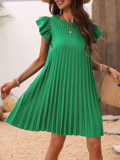 2025 Summer Women Loose Pleated Beach  Solid Dress Ruffle Sleeve Sweetheart Pleated Dress Mini Dress Elegant Green Dresses