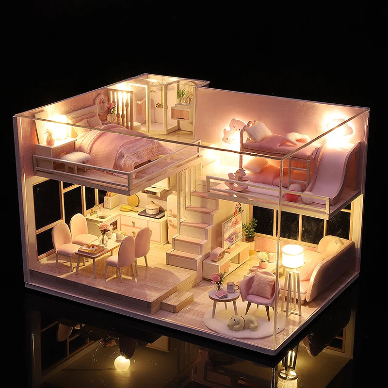 Wooden Miniature Doll House DIY Duplex Apartment Production 3D Puzzle Assembly Building Toy Decoration with Furniture Dollhouse