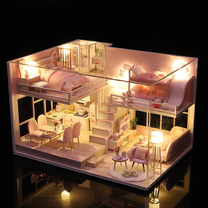 Wooden Miniature Doll House DIY Duplex Apartment Production 3D Puzzle Assembly Building Toy Decoration with Furniture Dollhouse