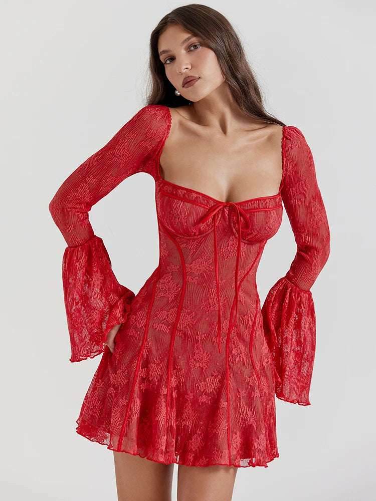 Elegant Backless Long Flare Sleeve Print Mini Dress Women Fashion