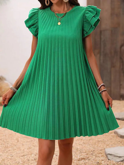 2025 Summer Women Loose Pleated Beach  Solid Dress Ruffle Sleeve Sweetheart Pleated Dress Mini Dress Elegant Green Dresses