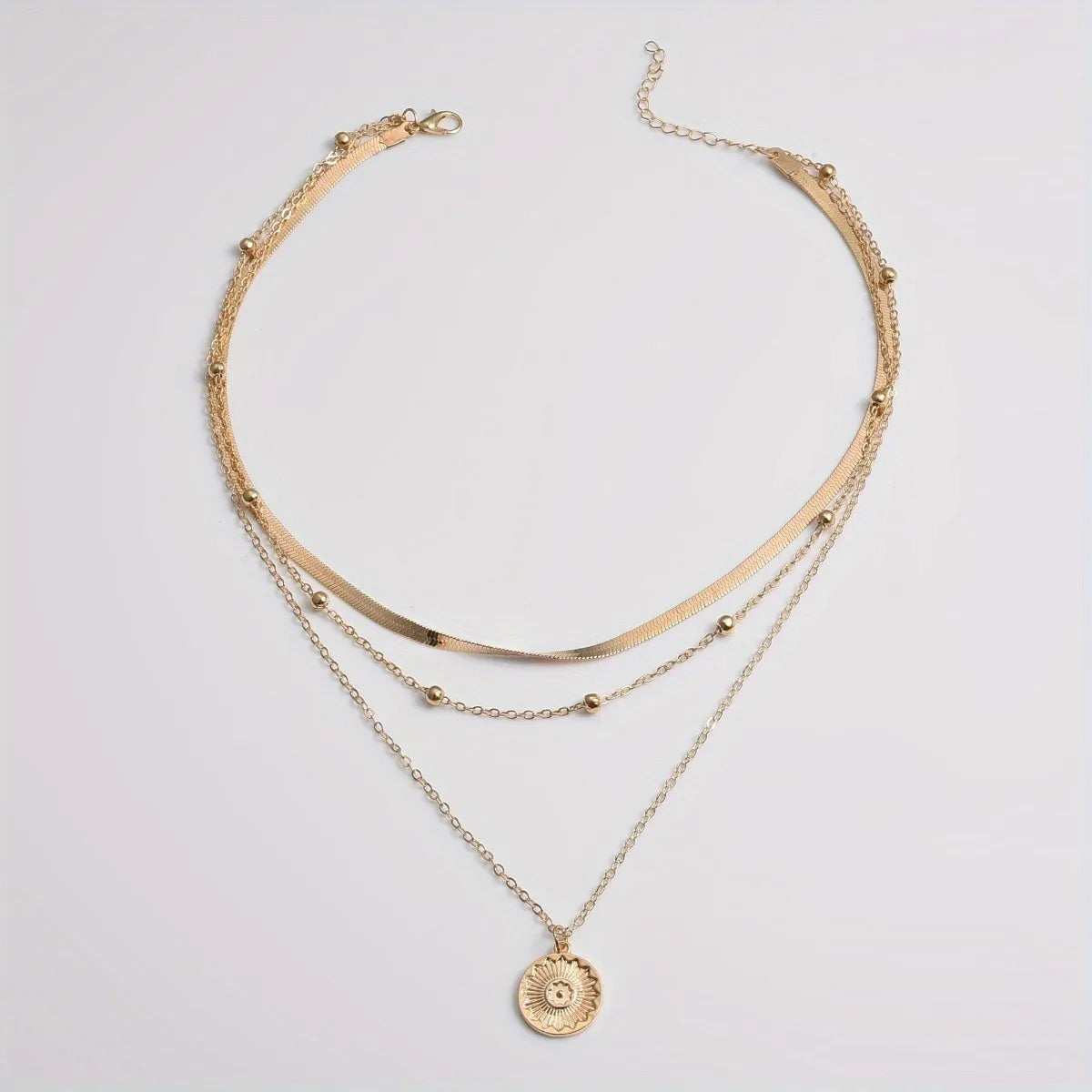 925 Sterling Silver Round Charm Three Layer Necklace