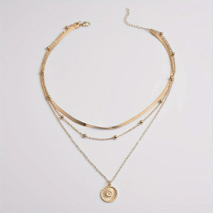 925 Sterling Silver Round Charm Three Layer Necklace