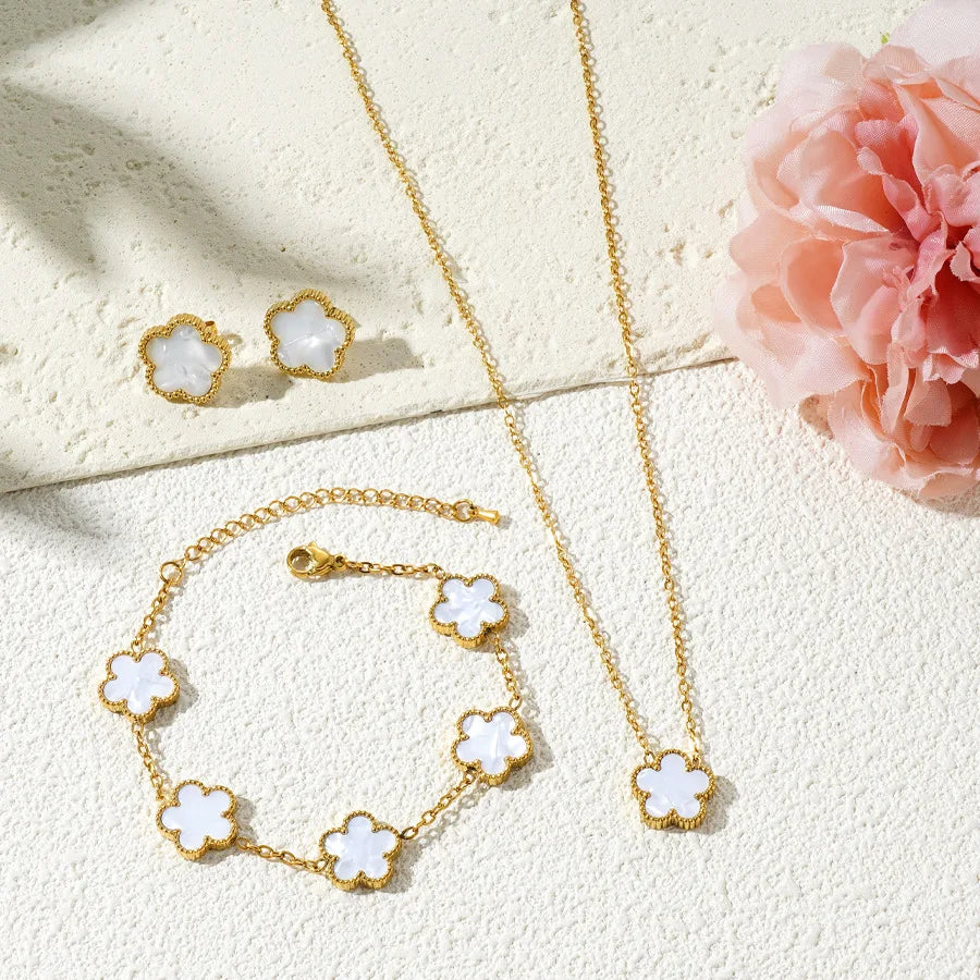 Stainless Steel Plum Blossom Necklace, Earrings & Bracelet Set