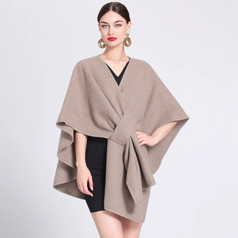 Casual Wool Blend Poncho Coat in Solid Color for Women