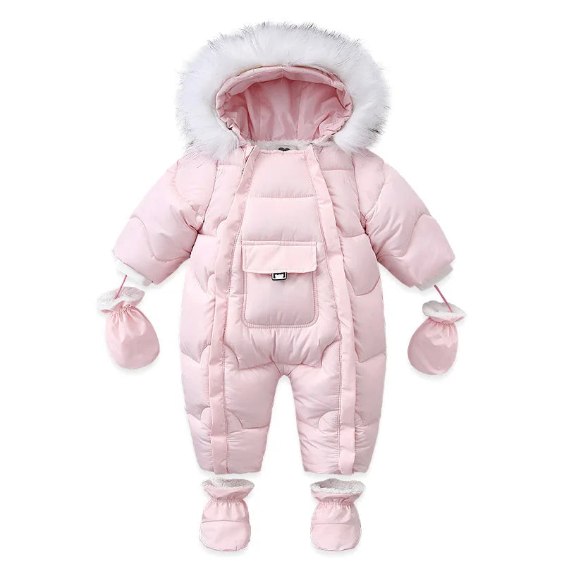 Winter Baby Down Jumpsuit – Wool Hooded, Snowproof & Warm