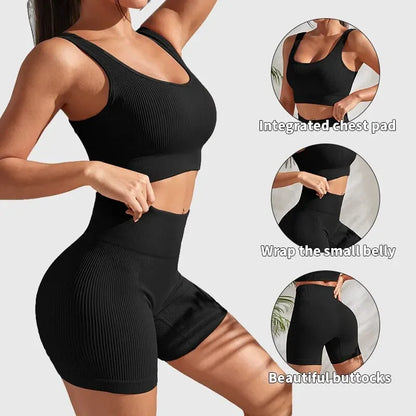 Seamless Ribbed Workout Sets for Women 2 Pieces Gym Suits Ribbed Crop Tank High Waist Shorts Outfits Fitness Running