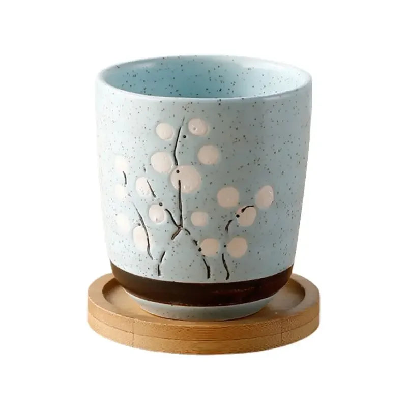 Flower Pot With Bamboo Tray Japanese style Ceramic Lot Mini Cement Succulent   Bonsai Planter Garden Decor Office Home Plant
