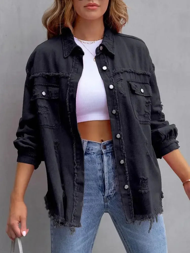 Women’s Fashion Ripped Shirt Jacket for Autumn and Spring Casual Tops