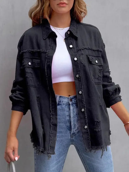 Women’s Fashion Ripped Shirt Jacket for Autumn and Spring Casual Tops