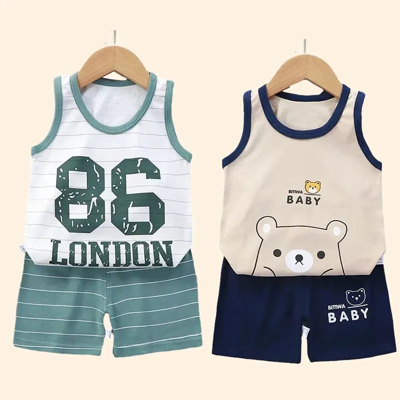 NoEnName_Null Unisex Baby Cartoon Print Pullover Shorts Set for Toddlers (Ages 1-3Y)