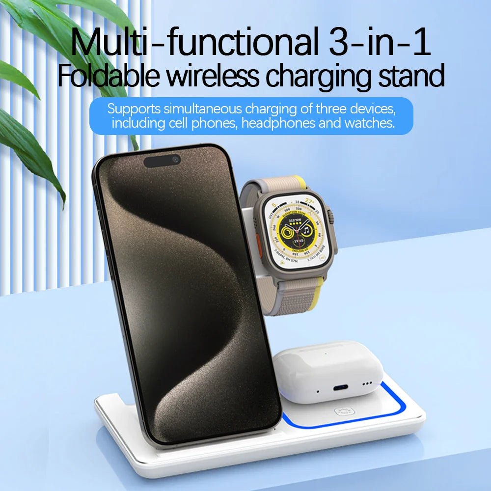 Support de chargeur rapide sans fil LED, station de charge pliable 3 en 1, iPhone 15, 14, 13, 12, 11, Apple Watch 9, 8, 7, 6, 5, Airpods Pro, 30W