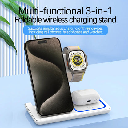 Support de chargeur rapide sans fil LED, station de charge pliable 3 en 1, iPhone 15, 14, 13, 12, 11, Apple Watch 9, 8, 7, 6, 5, Airpods Pro, 30W