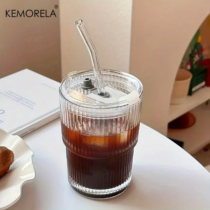 450ml Stripe Glass Cup with Lid & Straw - Iced Coffee & Tea Mug