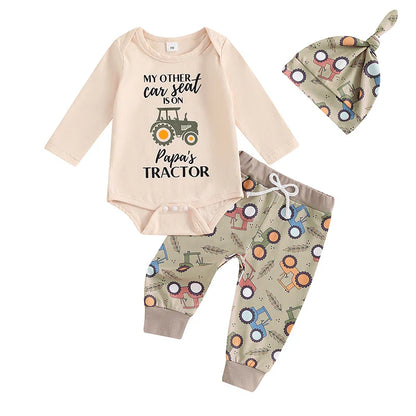 Baby Boy 3 Piece Fall Outfit – Romper, Tractor Pants & Hat (0-18M)