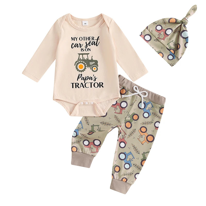 Baby Boy 3 Piece Fall Outfit – Romper, Tractor Pants & Hat (0-18M)