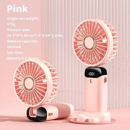 USB Handheld Mini Fan - Foldable, Portable, Neck Hanging, 5-Speed Rechargeable Fan with Phone Stand & Display Screen