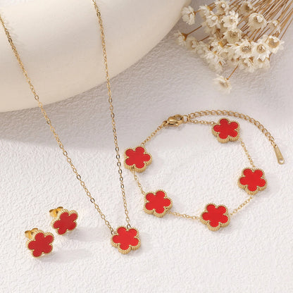 Stainless Steel Plum Blossom Necklace, Earrings & Bracelet Set