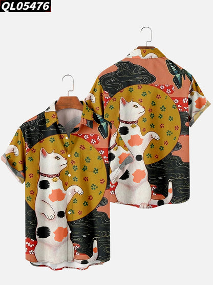 Alohadaddy Hawaiian Casual Plants Palm Leaves Print Art Pockets Buttons Elastic Large Size Shirt