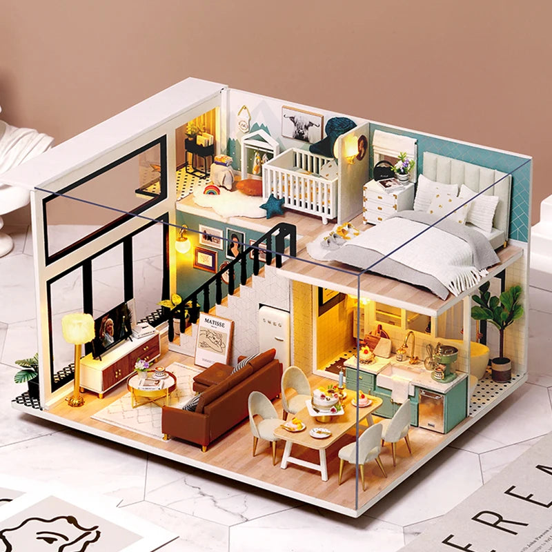Wooden Miniature Doll House DIY Duplex Apartment Production 3D Puzzle Assembly Building Toy Decoration with Furniture Dollhouse