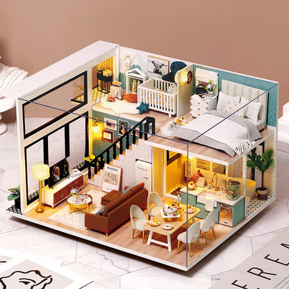 Wooden Miniature Doll House DIY Duplex Apartment Production 3D Puzzle Assembly Building Toy Decoration with Furniture Dollhouse
