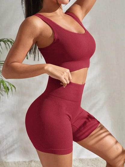 Seamless Ribbed Workout Sets for Women 2 Pieces Gym Suits Ribbed Crop Tank High Waist Shorts Outfits Fitness Running