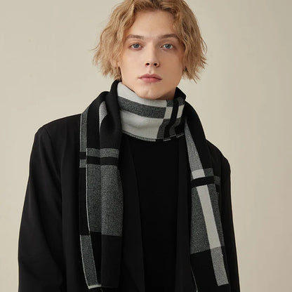 High Quality Wool Blend Scarf Men Thick Versatile Stripe Cashmere Muffler