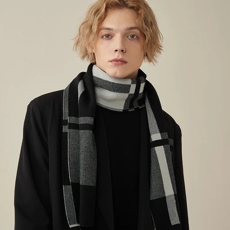 High Quality Wool Blend Scarf Men Thick Versatile Stripe Cashmere Muffler