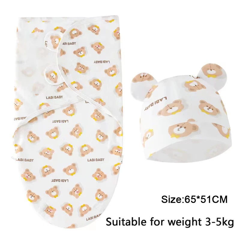 Newborn Cotton Baby Swaddle Wrap Adjustable Sleepsack Hat Set