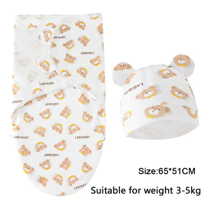 Newborn Cotton Baby Swaddle Wrap Adjustable Sleepsack Hat Set