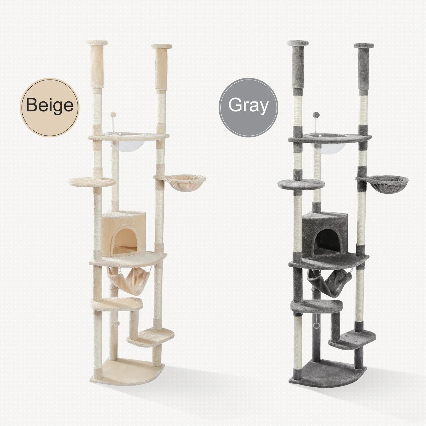 Adjustable 236-258cm Height Cat Scratching Post Tall Cat Tower with Hammock Condo Cozy Cat Tree Kitten Furniture Pet Cat Toys