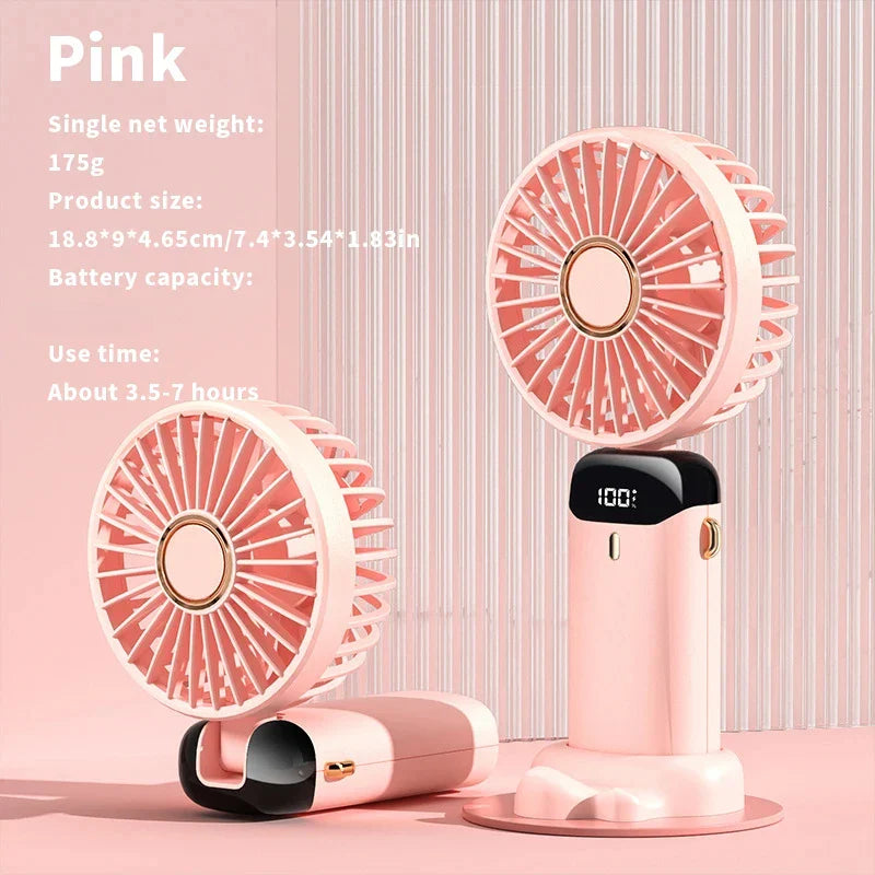 USB Handheld Mini Fan - Foldable, Portable, Neck Hanging, 5-Speed Rechargeable Fan with Phone Stand & Display Screen