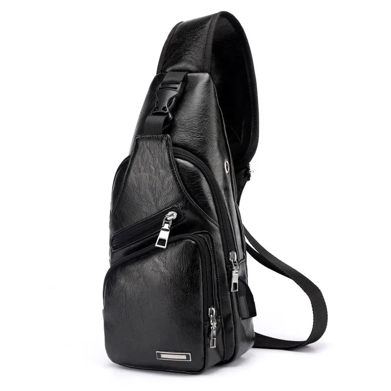 Elosung Black Men's Leather Sling Backpack Casual Crossbody Chest Bag