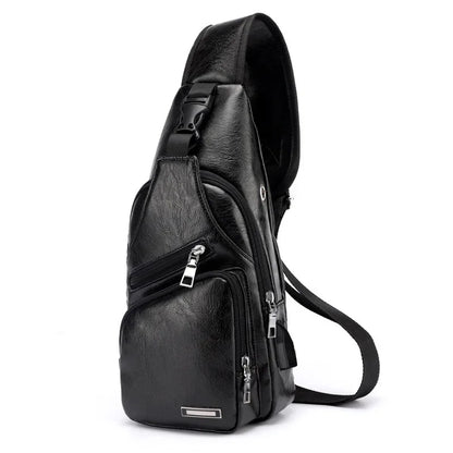 Elosung Black Men's Leather Sling Backpack Casual Crossbody Chest Bag