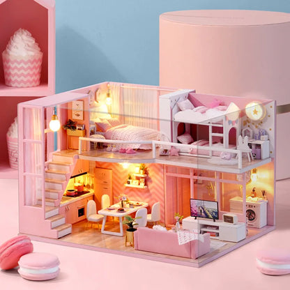 Wooden Miniature Doll House DIY Duplex Apartment Production 3D Puzzle Assembly Building Toy Decoration with Furniture Dollhouse