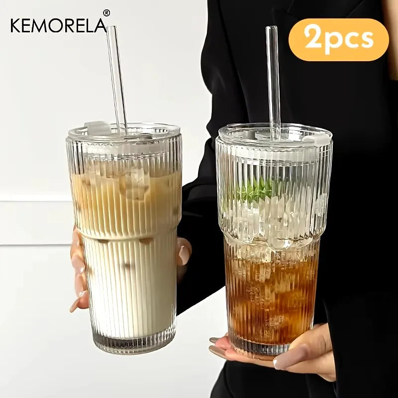 450ml Stripe Glass Cup with Lid & Straw - Iced Coffee & Tea Mug