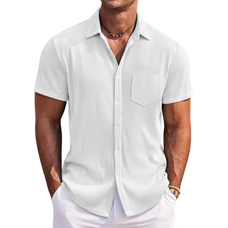 QDBAR Daily Leisure Mens Ribbed Shirt 2024 Summer Fashion Solid Color Striped Textured Shirts Beach Casual Short Sleeve Men Cardigans
