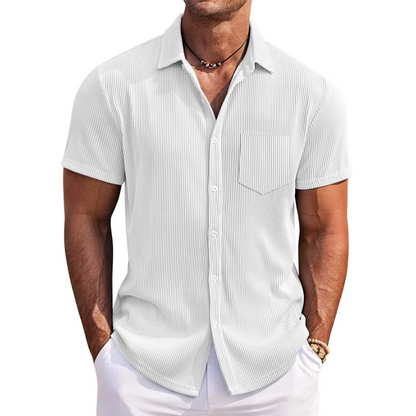 QDBAR Daily Leisure Mens Ribbed Shirt 2024 Summer Fashion Solid Color Striped Textured Shirts Beach Casual Short Sleeve Men Cardigans