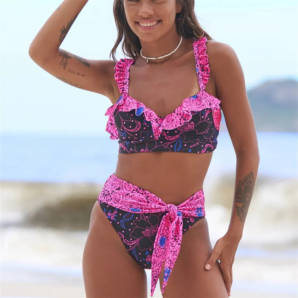 New Print Push Up Bikini 2025 Sexy Women Swimsuit Female Brazilian Biquini Belt Swimwear Micro Bikini Ruffle Swim Suit Beachwear