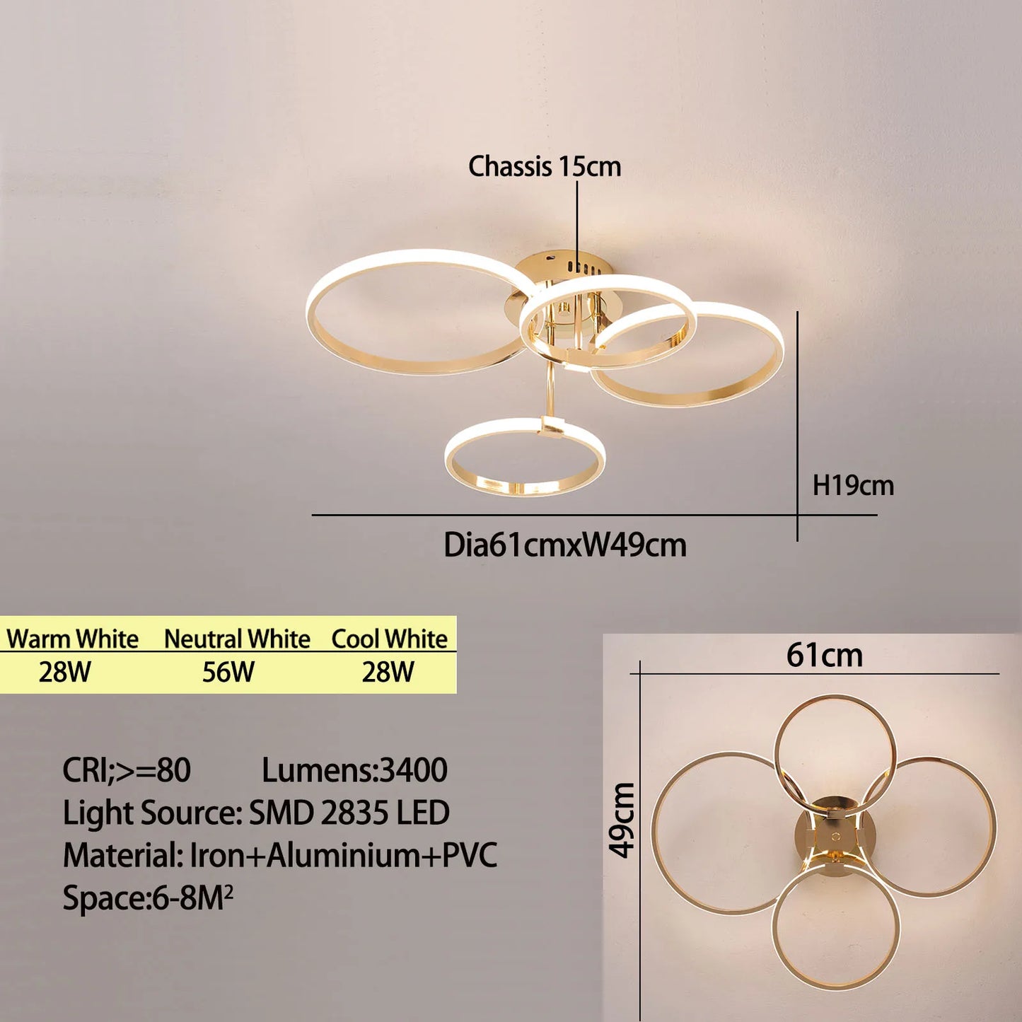 Sleek 4 6 Ring LED Chandelier for Living Room, Bedroom & Kitchen