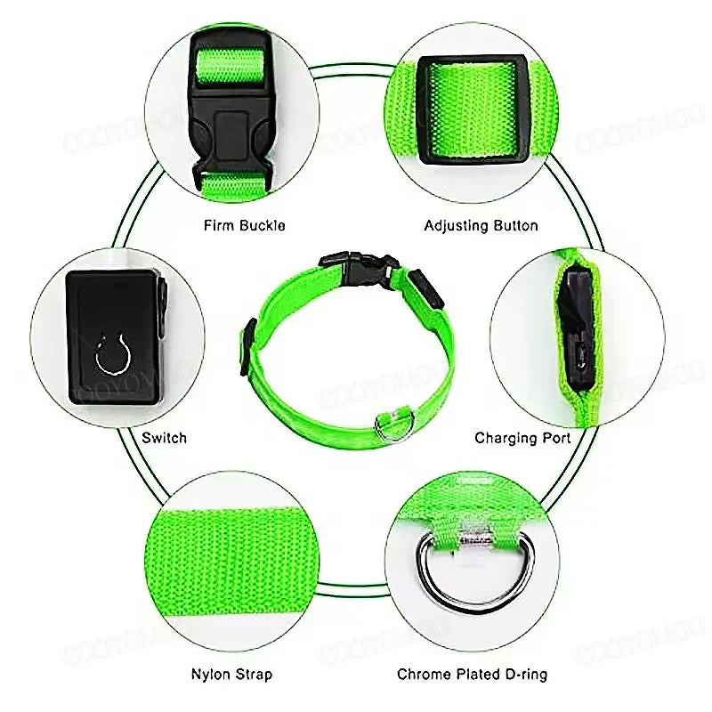 3 Modes LED Dog Collar - USB Rechargeable Glow Collar for Dogs & Cats with Detachable Night Safety Light